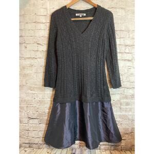 Heidi Weisel Sweater Dress Womens Large Charcoal Grey Cable Knit & Satin Trim